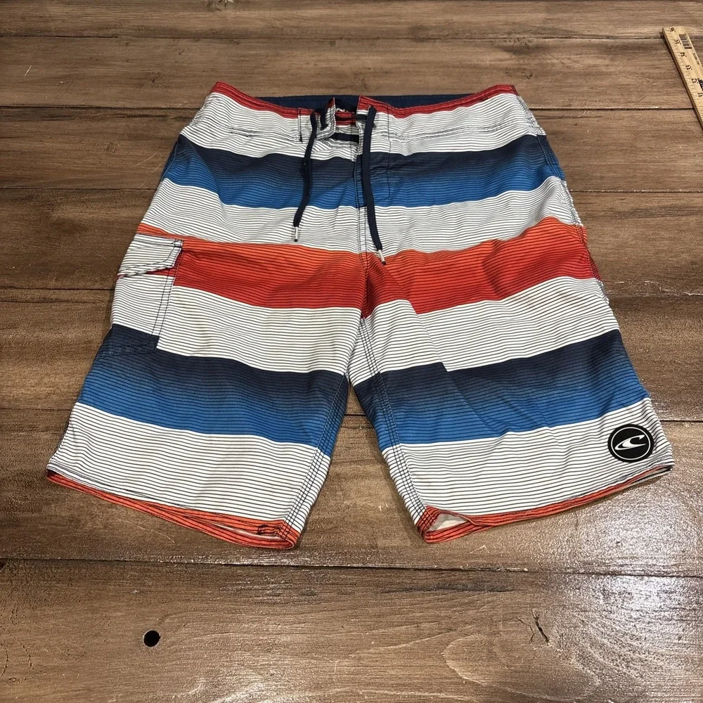 O'Neill Swim Trunks  Board Shorts Stripe Pocket Surf Style  Red‎ White Blue 29